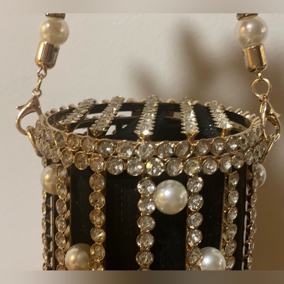 Metallic Cage Evening Bag with Pearls & Rhinestones Bucket Clutch Purse - Picture 8 of 14